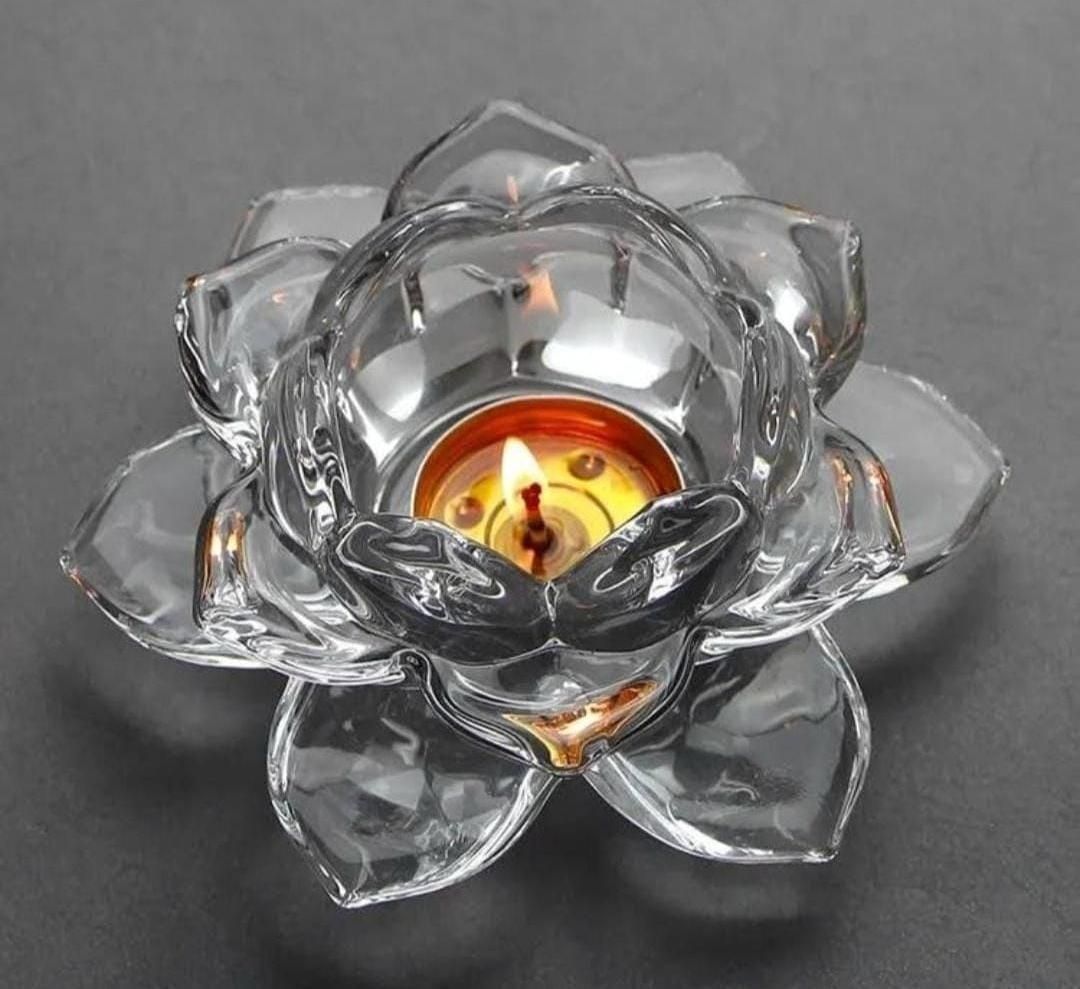 Glass Lotus Flower Tea Light Candle Holder Set Perfect for Lighting Decoration, Corporate Gifts, Home Decor and Festival Like Diwali, Christmas or Eid