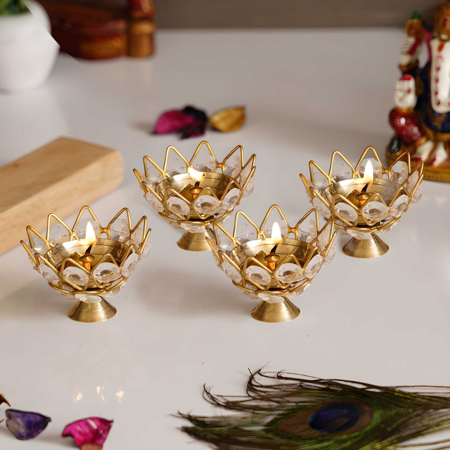 Brass Crystal Kamal Shape Akhand Diya Oil Lamp