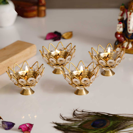 Brass Crystal Kamal Shape Akhand Diya Oil Lamp
