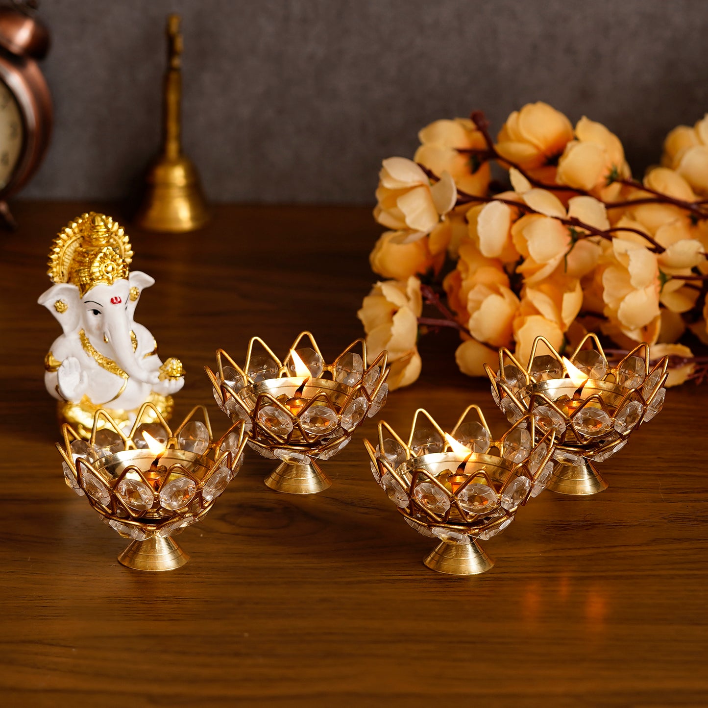 Brass Crystal Kamal Shape Akhand Diya Oil Lamp