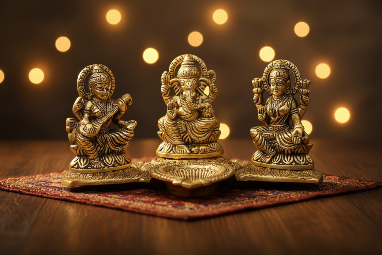 Gold-Plated Lakshmi-Ganesh-Saraswati Idol with Deepak
