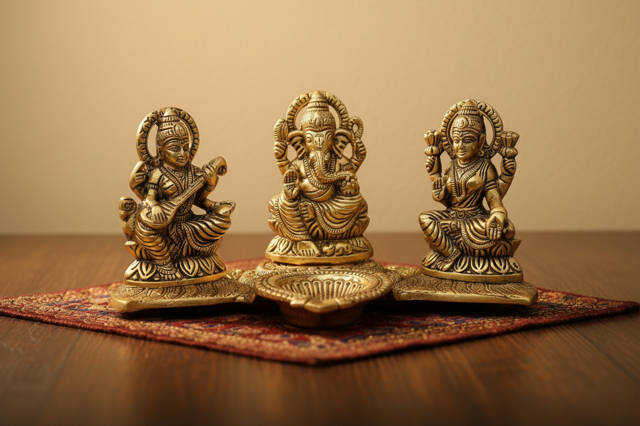Gold-Plated Lakshmi-Ganesh-Saraswati Idol with Deepak