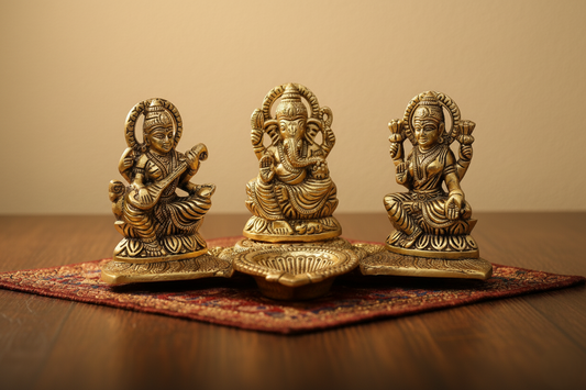 Gold-Plated Lakshmi-Ganesh-Saraswati Idol with Deepak