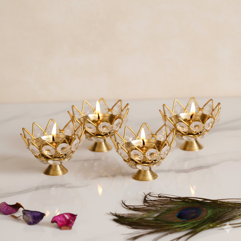 Brass Crystal Kamal Shape Akhand Diya Oil Lamp
