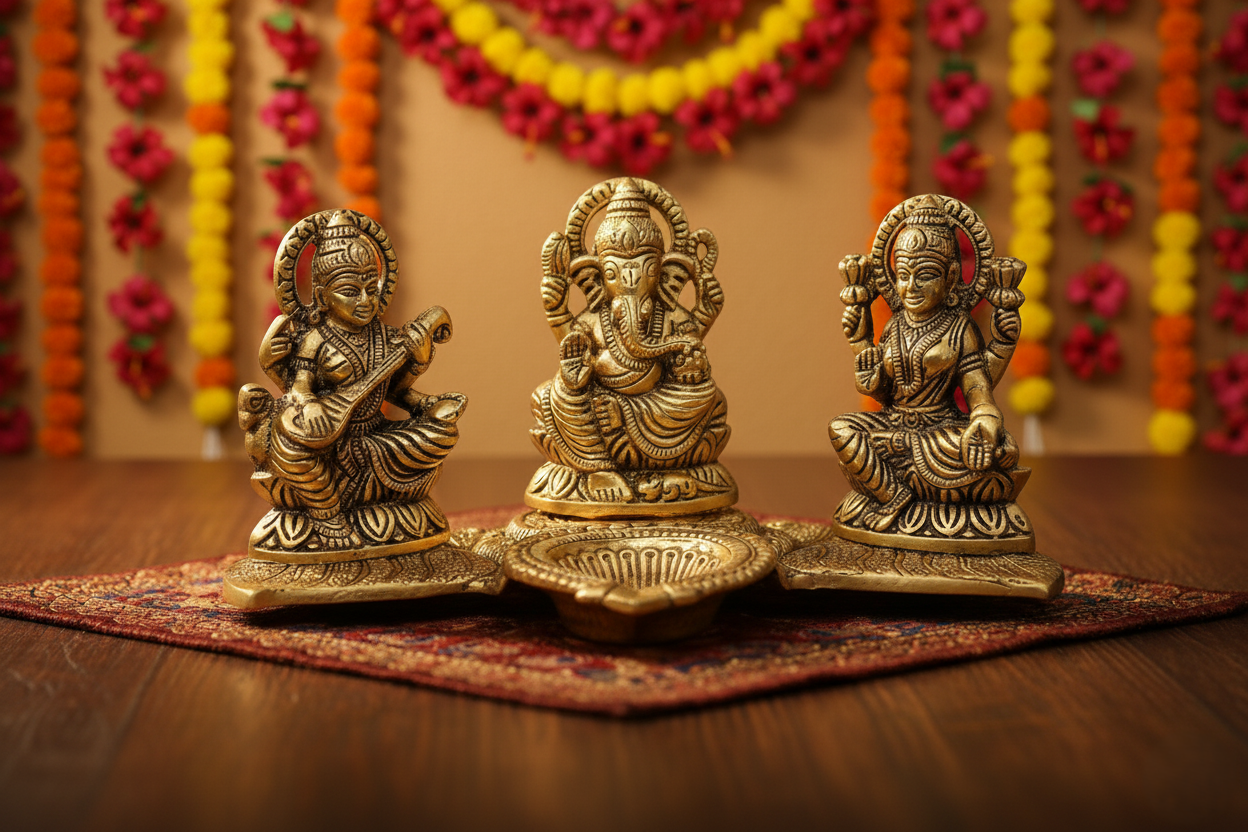 Gold-Plated Lakshmi-Ganesh-Saraswati Idol with Deepak