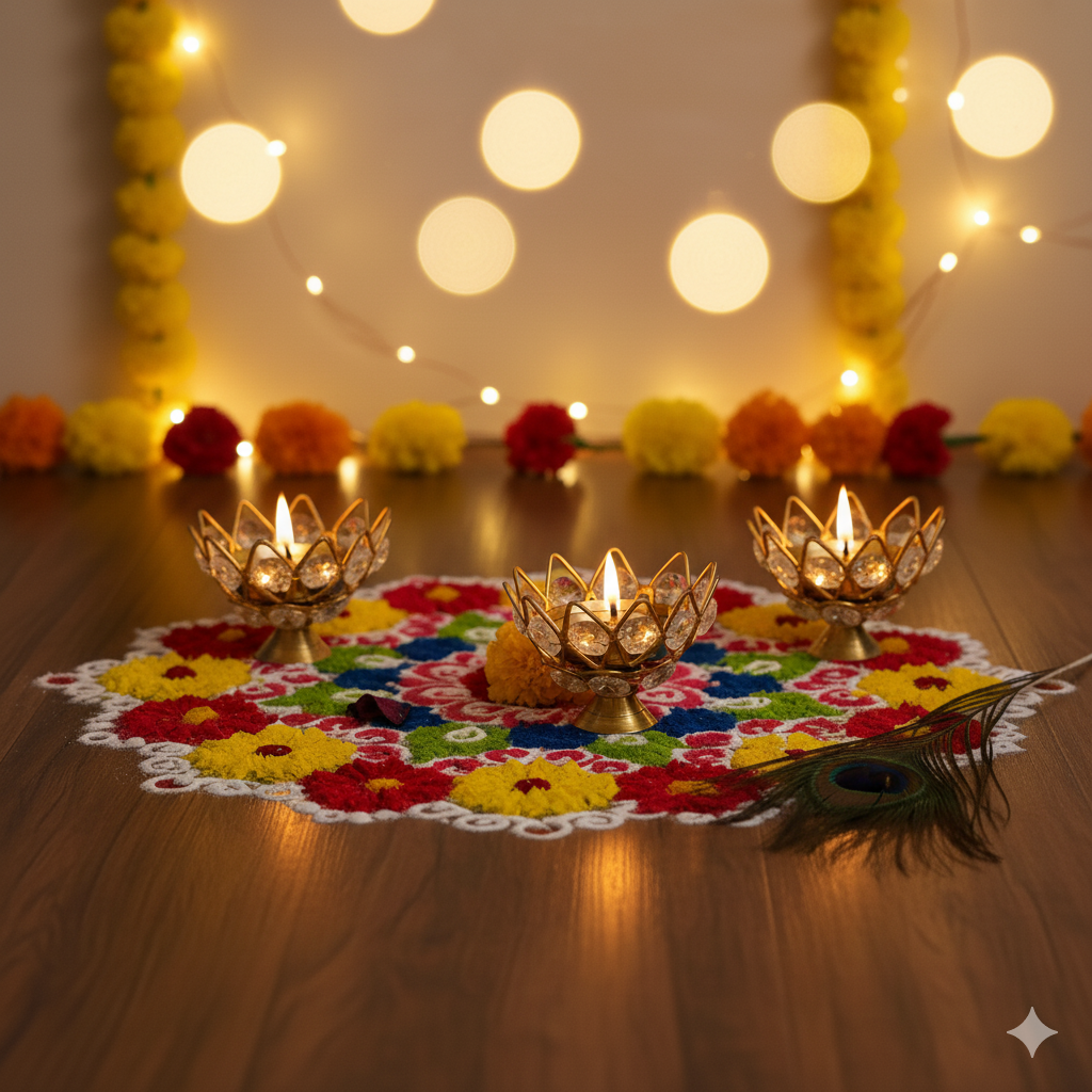 Brass Crystal Kamal Shape Akhand Diya Oil Lamp