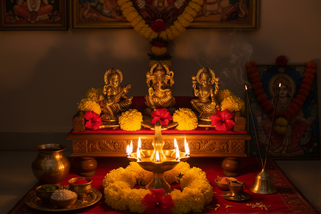 Gold-Plated Lakshmi-Ganesh-Saraswati Idol with Deepak